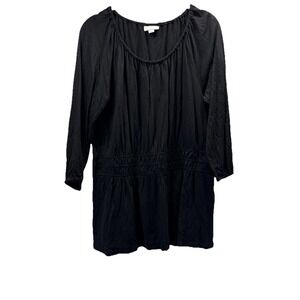 J Jill Women's Top Size Medium Solid Black Smocked Waist Gathered Peasant 3/4